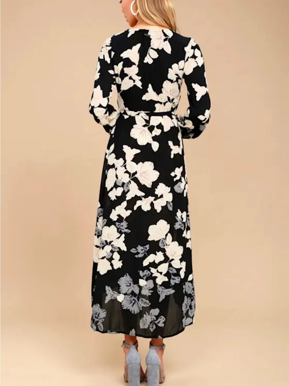 Lulu's Black Wrap Midi Dress with Cream Floral Print - Picture 4 of 4